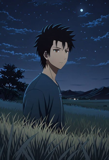 Highres, Masterpiece, High Quality, 4K, 8K, solo, 1Boy, Soujirou Agata, brown eyes, black hair, grassland, no light pollution, bush, nature, calm, peaceful, night breeze, breeze, awe, dim, easynegative, detailed_eye_model