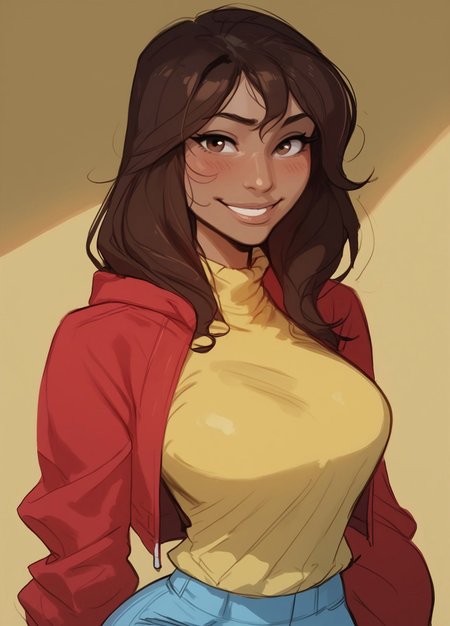 safe_pos, (score_9, score_8_up, score_7_up, score_6_up), Expressiveh, ((sketch, pastel, flat color)), masterpiece,

BREAK ((1girl, kamala khan, kamalakhan, brown hair, brown eyes, dark skin, long hair, dark-skinned female, large breasts, slender, medium waist, wide hips)), 

smile, blush, looking at viewer, (red hoodie, jacket, yellow shirt, blue jeans), portrait, solo, upper body