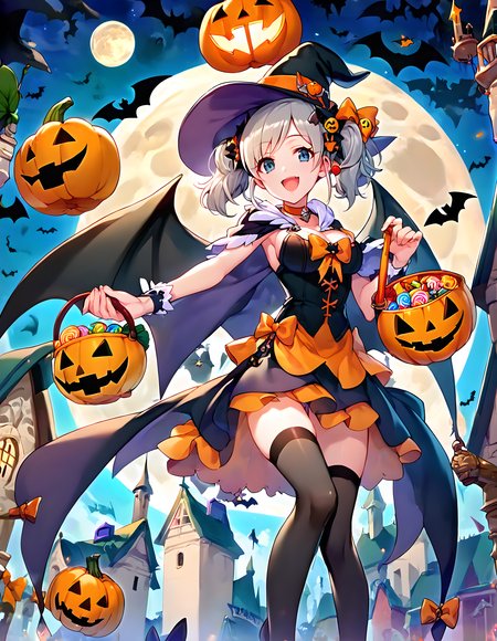 <lora:pony_xl_akari:0.9>,akari,score_9,score_8_up,score_7_up,source_anime,1girl,solo,grey hair,halloween costume,happy halloween,halloween,trick or treat,witch,pumpkin hat,witch hat,food-themed hair ornament,pumpkin hair ornament,orange choker,cape,silk,orange ribbon,thighhighs,swirl lollipop,black legwear,jack-o'-lantern,basket,holding lantern,halloween bucket,holding vegetable,sweets,candy,candy cane,cookie,silhouette,bat,ghost,black cat,pumpkin,castle,pennant,clock tower,church,cross,graveyard,tombstone,coffin,town,gate,bare tree,spider web,night sky,full moon,moonlight,looking at viewer,smiley face,open mouth,
