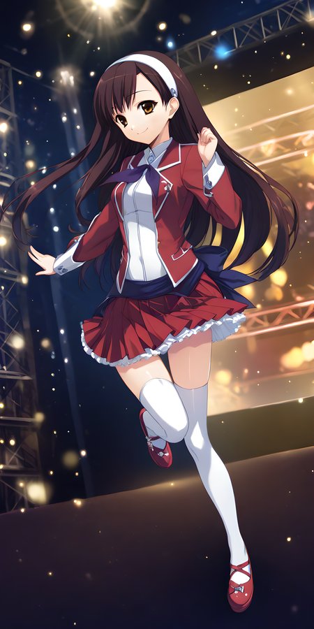 yuki_morikawa, 1girl, solo, thighhighs, long hair, white thighhighs, skirt, hairband, smile, stage background, shoes,  brown eyes, full body, white dress, red jacket, red skirt, <lora:XL-YukiMorikawa:1>