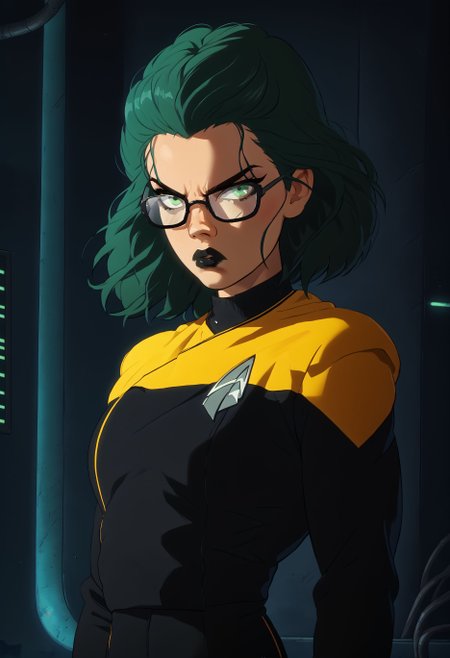 score_7_up,solo,modern haircut,1girl,black lipstick,serious,black glasses,hair higlight,green eyes,
pcdst,Star trek uniform,yellow,yellow shoulders,black jumpsuit
,<lora:PicardPony-000050> <lora:Kenva_Enhanced:0.8><lora:Kenva:0.8>