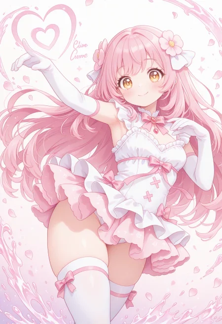 masterpiece, best quality, good quality, nsfw, (love cure:0.8) awesome top artist comic, solo, dutch angle, dynamic dancing pose, (transformation scene:1.1),  pink and white two-tone design, a girl is shining nikki 20yo tall height small breasts, wearing pink flower negligee with frilled microskirt, with bowtie, (henshin pink glowing body:1.1), (white long glove and thighhigh:1.1),smile, thick thighs, vivid pink hair, long hair, yellow eyes, glistening clothes, reflective clothes, splashing pink flower petal effect, pink aura,star effect, heart sign effect, pink and cyan gradient background,  subtle ambient glow, global illumination, perfect anatomy, perfect female proportion, sound effect, <lora:spo_sdxl_10ep_4k-data_lora_webui:1>,<lora:cfg_scale_boost:0.8>,   <lyco:transformation scene_illustrious_V1.0:0.5>,  <lora:[hikari]shining_nikki_style_pony_v1:0.7>