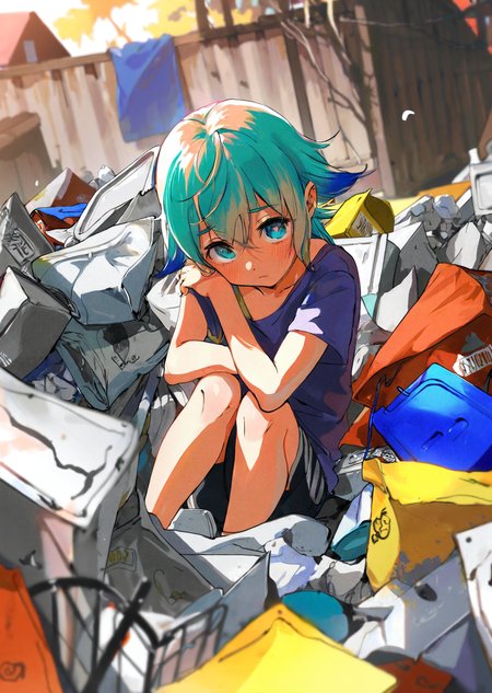 by demizu posuka, by tsubonari
1girl, upper body, beautiful eyes, sad 
 sitting on top of a pile of trash.
depth of field
perspective
Triadic color guide,
