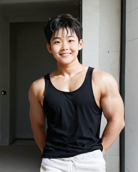 score_9, score_8_up, score_7_up, Korean, <lora:Cute_Cartoon_ArtStyle:1>,  <lora:Expressive_H:1>, ((adorable handsome young man:1.2, light skin)),
tae_dong, black tanktop, white shorts looking at viewer, dynamic action, expressive cute face, male focus, 1boy, solo, cowboy shot, cinematic,  <lora:tae_dong-000013:1>, ((tae_dong))
