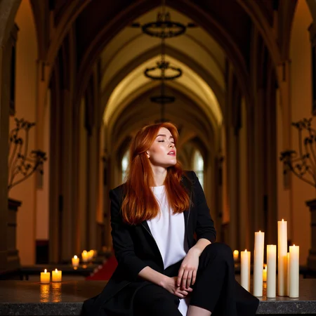Inside an ancient cathedral, bathed in the glow of flickering candlelight, the redheaded goddess sitting on the cold stone altar, she's wearing a full nun costume  leaving nothing but temptation in its wake. Her fiery locks spill over the sacred ground as she gazes upward, looking at the viewer,  her lips parted in an expression of pure, sinful ecstasy. Itâs an image of contrastâholiness and eroticism intertwined, a vision of defiance in a place of restraint  <lora:jialissa64:0.9> jialis