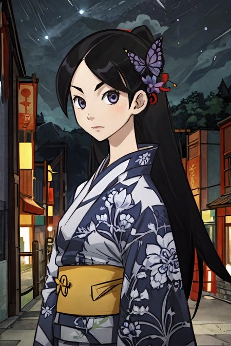 (masterpiece:1.2), ultra detailed, <lora:ChiriKitsu:0.8>, Chirikitsu,  kimono,(medieval street),medieval town, close, (((night:1.2))), people, butterfly, best quality, looking at the viewer,<lora:Adddetail:0.6>