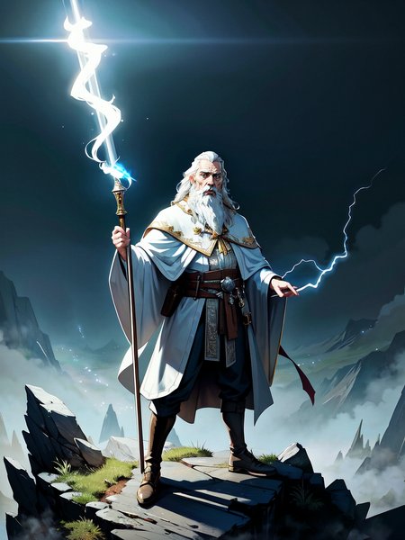 full body of (one) brittish old man, a wizard casting a (lightning bolt spell), from the top of a mountain, (at night), wearing white wizard (robes), long white beard, long white hair,
detailed, intricate, (detailed fantasy background), dim lighting, volumetric lighting,
fantasy art style, best quality, hi-res, masterpiece, good anatomy, good composition, good proportions, good design, dynamic pose, good pose, realistic background, realistic sky, cinematic, cinematic camera angle, dark fantasy illustration, detailed, intricate, (perfect lighting, perfect shading), subsurface scattering, photorealistic, solo, oil painting style, (mature adult:1.5),
<lora:add_detail:0.15> <lora:fantasyV1.1:0.25> <lora:muscle_slider_v1:-1.5>