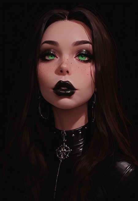 score_9, score_8_up, score_7_up, score_6_up, score_5_up, score_4_up, goth girl, gothic,  egirlmake up, choker, (beautiful face, cute face, 18 years old) Expressiveh, ASCII 1 girl, brown hair, green eyes, black latex outfit, medium breasts, upper body, portrait, 4k, big lips, choker, heavy make up, black lipstip, eyeliner, long hair, freckles