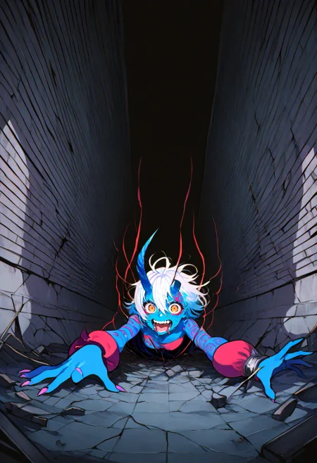 1girl,blue oni, ,,, in macabre Cursed,,artist:nyantcha,Mika Pikazo,Han \\(jackpot\\),, hushed,  crumbled overpass, collapsed pillars, tangled debris, broken pathways,
dynamic angle, dynamic motion, creepy, horror,, trippy,,absolutely eye-catching,,extremely detailed,, good composition, masterpiece, best quality, very aesthetic, very awa, absurdres, newest,
, (infrared), perspective,recursion,,<lora:D.I.D._Vaporwave_Visions:0.4> ,  <lora:lora:0.1>,  <lora:fennerILL:0.1> fenner, trippy​​​