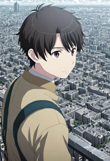 high resolution, solo, best quality, 1Boy, Inaho Kaizuka, Black Hair, Brown Eyes, high-rise, top of building, landscape, depth of field, OverallDetail