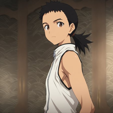 solo,looking at viewer,masterpiece,high score,great score,absurdres,<lora:Kenshi_Masaki ag4o v1:1> 1boy, kenshi_masaki, black hair, ponytail, brown eyes,sleeveless,