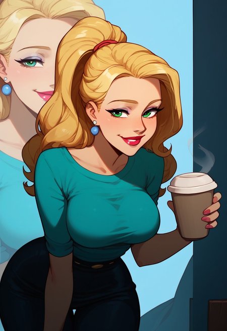 score_9, score_8_up, score_8. score_9, score_8_up, score_7_up, score_6_up, masterpiece, 4k, high quality, (best quality:1.1), ExpressiveH, zoom layer, zoom in on breasts, 
BREAK
1girl, Blondie, makeup, lipstick, earrings, blonde hair, long hair, high ponytail, , bright perfect green eyes, lipstick, medium breasts, smile, motion lines, happy smile, sexy, seductive, 
standing, serving coffee over a counter top leaning forward, tight white t shirt, 
BREAK 
sunny day, city street, hole in the wall café