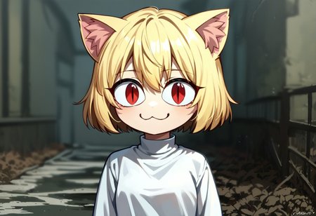 score_9, score_8_up, score_7_up, score_6_up, score_5_up, score_4_up, BREAK source_anime, portrait, solo, 1girl, necoarc, happy, closed mouth, blonde hair, red eyes, slit pupils, cat ears, chibi, :3,  turtleneck, white shirt, purple skirt, scenery, lamppost, horror (theme)