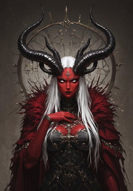 sian, Black horns, red skin, white eyes, solid eyes, White hair, long hair,
masterpiece, best quality, intricate detailed, best resolution, newest, highres, absurdres