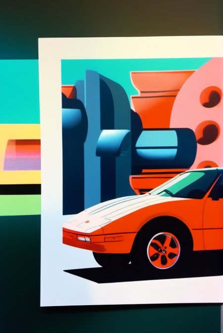 <lora:risograph-sdxl:1>,  risograph, 3/4 angle of a sports car parked in a parking lot, retrofuturistic city, clean lines, promotion flyers