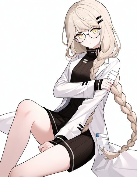1girl,solo,lijianxi,glasses,lab coat,simple background,looking at viewer,white background,cowboy shot,<lora:lijianxi-000010:1>,sitting,, masterpiece, best quality, very aesthetic, absurdres,newest, incredibly absurdres,
