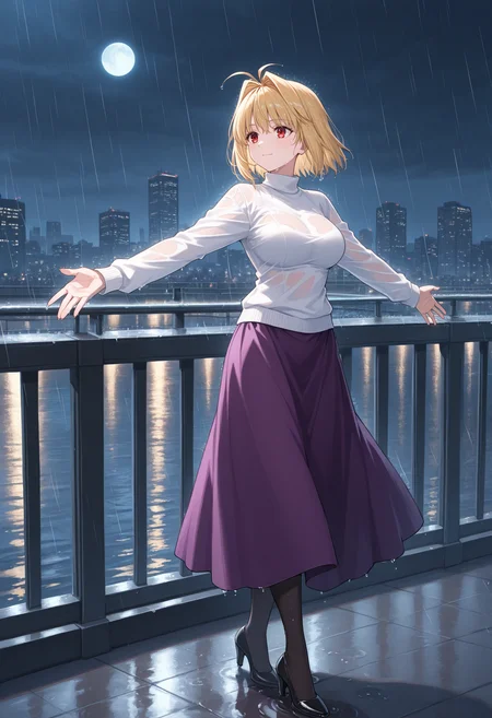 masterpiece, best quality, 1girl, solo, wrnchtskharcbrun, short hair, blonde hair, large breasts, hair intakes, , outdoors, rooftop, cityscape, building, (rain), spread arms, outstretched arms, full body, looking ahead, red eyes, antenna hair, white sweater, turtleneck sweater, purple skirt, long sleeves, long skirt, black pantyhose, black high heels, night, night sky, scenery, railing, wet clothes, wet, wet hair, moon, city lights, bridge, river, water, light blush, light smile, closed mouth
