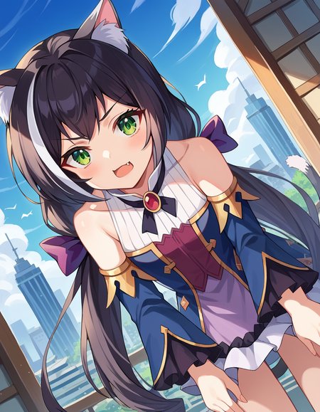 score_9, score_8_up, score_7_up, source_anime,
princessconnectkaryl, <lora:princess-connect-karyl-ponyxl-lora-nochekaiser:1>
karyl, animal ear fluff, animal ears, black hair, black ribbon, cat ears, cat girl, cat tail, fang, green eyes, hair bow, long hair, low twintails, multicolored hair, purple bow, ribbon, skin fang, streaked hair, tail, twintails, vertical stripes, white hair,
arm support, blue sleeves, bow, brooch, detached sleeves, dress, frilled sleeves, frills, multicolored clothes, multicolored dress, neck ribbon, sleeveless, sleeveless dress, striped,
outdoors, cityscape, bent over,
looking at viewer, dutch angle, cowboy shot