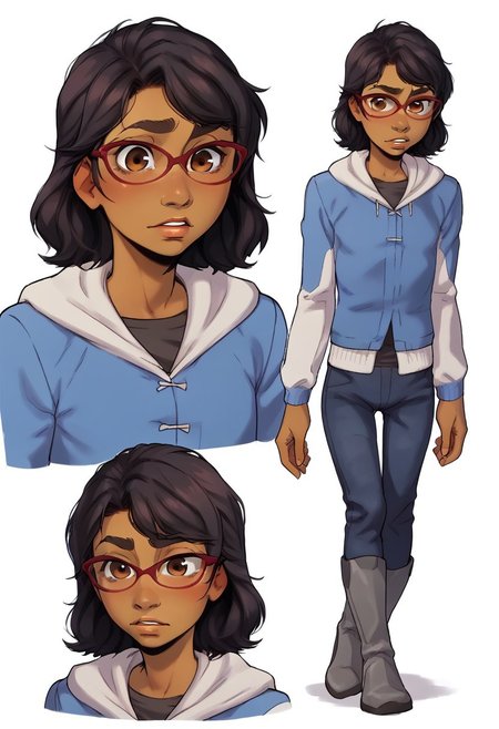 score_9, score_8_up, score_7_up, score_6_up, score_5_up, score_4_up, conceptart,multiple views,white background,simple background,<lora:concept:1>,
1girl, solo,, 
TWD_Sarah,, , Latina-American, brown eyes, black hair, medium hair, dark skinned female,,, ,, young face, ((red frame glasses, blue and white hooded jacket, dark-gray shirt, blue jeans pants, gray boots,)),, young, flat chest,
<lora:princess_xl_v1:0.7>, <lora:Expressive_H:0.6>, <lora:incase-ilff-v3-4:0.5>, <lora:MysticalPlantPenetratorPDXL:0.5>, <lora:Sarah_TWDv2:1>