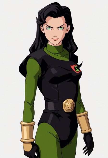 1girl, female focus, solo, Caitlin, black hair, long hair, green eyes, small breasts, turtleneck, Power Pack uniform, asymmetrical clothes, print bodysuit, green bodysuit, black bodysuit, bracers, metal bracers, belt, cowboy shot, looking at viewer, smile, v, rating_safe, simple background, white background