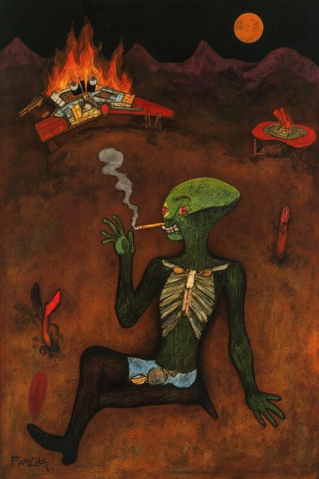 paulklee1 painting. 
 Xenomorph, puffing a cigarette, sitting cross-legged on the ground, a crashed burning spaceship wreckage in the background, desert  
   <lora:paulklee1_cap_d8a4e12:1.0><lora:839867794020441382:0>