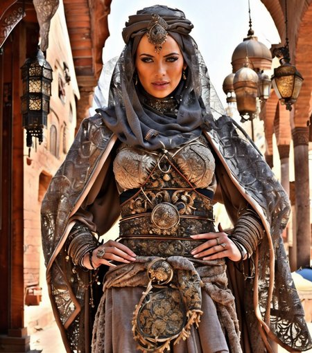 RAW photo, (masterpiece:1.3), subsurface scattering, heavy shadow, (high quality:1.4), (intricate, high detail:1.2), professional photography, HDR, High Dynamic Range, realistic, ultra realistic, photorealistic, high resolution, film photography, ambient lighting, atmospheric effects, <lora:detail_slider_v4:2>, OverallDetail,  Shalina, <lora:Shalina-10:1>, as female tuareg warrior, wearing intricate arabian robes and armor, belt, arar, <lora:ArabianArmor-10:0.7>, in a street with arabian houses, arto, <lora:ArabianTown-10:0.8>,  <lora:cleavage:-1>,  epiCPhoto