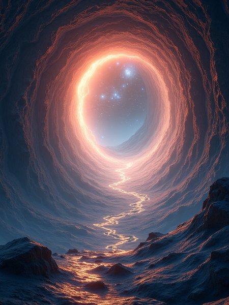 At the entrance of a huge space-time tunnel, gorgeous light is flowing in the tunnel, as if leading to an endless unknown world. Around the tunnel, the distortion of time and space forms a strange landscape, which is amazing.