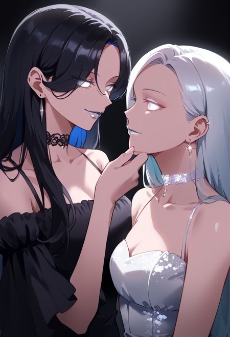anime, two girls, adult, empty eyes, hypnotized, blank expression, expressionless, chin grab, handfixer, staring at another, looking into eyes, long hair, hair highlights, choker, sexy smile, fancy dress, lipstick, white lipstick, glossy lips, ear ring, glowing ear ring