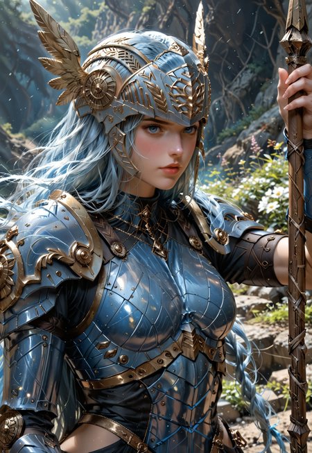 Beautiful woman, 24 years old. Fair skin. Smooth skin. Silvery blue hair. Incredible detail, high clarity. Free hair with braids. Long hair. Lips. 

Valkyrie helmet, winged helmet, beaked helmet.

Deep blue armor, metal armor, smooth armor. White pleated skirt. Holding a spear staff beside her. Good anatomy. Detailed face. Arm braces. Slim shoulder armor.