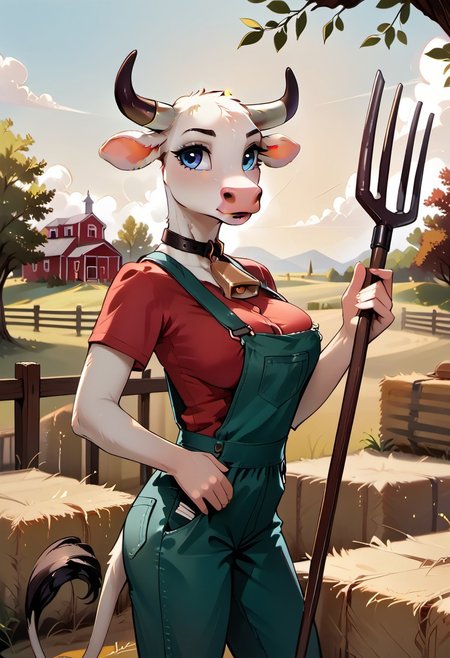 score_9, score_8_up, score_7_up, highres, high quality, perfection,
BREAK 
1girl, (solo: 2.0), girl alone, side view, cowboy shot,
BREAK 
furry female, cow girl, (anthro cow girl: 1.2), beautiful girl, cute girl, adult, 20 years old, detailed fur, white fur, detailed body, shapely girl, (slim body: 1.2), petite body, (bald_girl: 1.2), (baldness: 2.0), white horns, detailed face, beautiful face, eyelashes, (blue eyes: 1.2), perfect eyes, detailed eyes, large breasts, detailed hands,
red shirt, short sleeves, overalls, cowbell,
standing, holding pitchfork, looking ahead,
BREAK
outdoors, early morning, farm, field, hay bale,