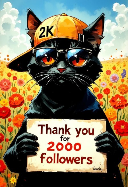 Oil painting by Frank Frazetta. An antrophomorphic black cat with stylish sunglasses and a sideways baseballcap with the text "2K" on the baseballcap. Its holding a sign that reads "Thank you for 2000 followers" . The background is a field of colorful flowers