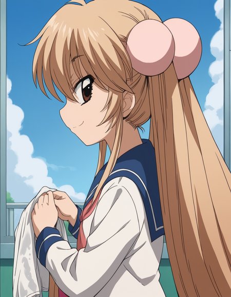 score_9, score_8_up, score_7_up, source_anime, <lora:rin-kokonoe-s1-ponyxl-lora-nochekaiser:1>, rin kokonoe, long hair, brown hair, hair ornament, twintails, brown eyes, very long hair, hair bobbles,, school uniform, serafuku, long sleeves,, laundry day, clothesline, drying clothes, domestic life, fresh air, blue sky, smile, from side, looking at viewer, solo,, dutch angle, cowboy shot