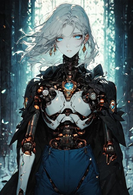 score_9, score_8_up, score_7_up, (unreal engine 5, unreal engine 3d scene), HD, details, high quality, rendered face, source_anime, good_hands. hourglass figure, perfect body,
score_9_up, score_8_up, score_7_up,source_anime, highly detailed, sharp, masterpiece, intricate details, a sexy robot girl,
BREAK
medium hair, earrings, cloak ,cape, jewelry, blue shorts, boots,
BREAK
soft skin, soft skin, shining glossy skin, soft abs, slim waist, (slender body),
Expressiveh, (volumetric lighting:1.2), cinematic, cinematic lighting, reflections, ultra hd, visual effects, graphic effects, 
ambient occlusion, raytracing, soft lighting, realistic, blum effect, masterpiece, absolutely eye-catching, particles, glow, shining, intricate cinematic background, (beautiful face), 
BREAK
 (score_9, score_8_up, score_7_up), (Masterpiece), (expressive eyes), 1girl, Automaton, colored skin, (white_skin:2.0), (joints:2.0), white hair, blue eyes, glowing blue eyes, <lora:MGE_V5.1:0.5>
BREAK 
score_9, score_8_up, score_7_up, score_6_up, score_5_up, 
<lora:mitraXLP:1> mitra,
<lora:Kenva:1.0> knva, halftone effect,