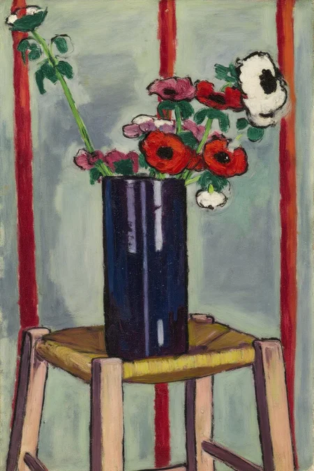 henrylymansayen1 painting.
A bouquet of flowers in a tall, dark blue vase. The flowers include red, pink, and white blossoms with green leaves and stems. The vase is on a wooden stool with a woven seat, painted light yellow. The background features a mix of soft greens, blues, and purples, with vertical red and orange elements. <lora:henrylymansayen1_cap_d6a3:1.0><lora:861457628235052074:0>