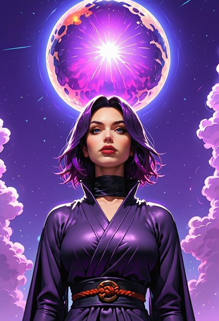 <lora:g0th1cPXL:0.5>g0th1c<lora:TradingCardsPonyXL:0.65>dsktrdcardxl,score_9, score_8_up, score_7_up, score_6_up, solo, source_comic, comic book art, fantasy art, Lenticular, dark and dim, Low Angle, (side view perspective), a woman, (ninja:1.1) woman, with amber ,purple hair, deep dark black ,blue eyes, detailed eyes, with a high collar cyber (Samurai:1.1) jacket, Large linen cape ,super detailed, background is gray , surrounded by a detailed spacescape with translucent dark-amber Highlights, stunning lighting, detailed, highly vibrant, detailed, masterpiece, highly detailed, high quality, score_5_up, score_4_up,