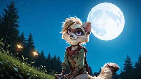 (detailed background:1.2), photorealistic, high quality, image depth, cinematic lighting, photorealistic, detailed shading, <lora:pony_good_hands:1>, solo, masterpiece, highest quality, detailed face, deep shadows, SFW, night setting, <lora:Beautiful Detailed Eyes:1> <lora:Detailed_eyes:1>, fluffy fur, (Brooke,1girl,solo,furry female,racoon girl,purple eyes,blonde hair,short hair,bangs,body fur,two tone fur,grey fur,white fur,tail,black choker,snout,animal nose,whiskers,earings,piercing, armless green top, anthro, fluffy, fluffy fur, paws, moon, trees, tunic, pants, cape, scarf, leg wrap,  <lora:Brooke_v01_ILXL:1>, score_9, score_8_up, score_7_up, score_6_up, score_5_up, score_4_up,