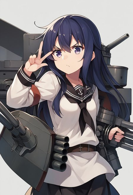 score_9, score_8, score_7, source_anime, akatsuki (kancolle), turret, small breasts, black sailor collar, :d, cannon, anchor, v-shaped eyebrows, torpedo, holding weapon