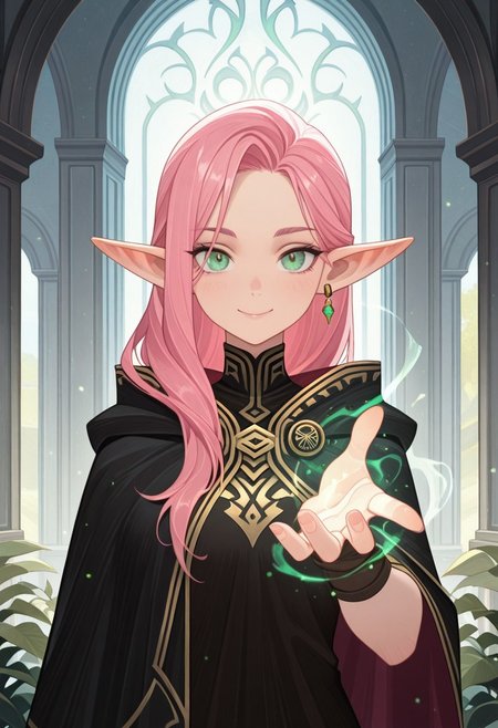 masterpiece, best quality, amazing quality,,<lora:afkArenaIllustrious:1>
afkarenastyle,
1girl, female elf, solo, casting spell, magic aura, portrait, female focus, pink hair, green eyes, slim, long hair, hair swept to one side, light skin, smile, looking at viewer, outdoors, beautiful, black cloak with gold trimming, earrings, indoors, arcane library