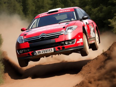 rally car (jumping on a ramp:1.2), red citroenc6 with decals, puddles, crashed, broken, damaged, masterpiece, mud