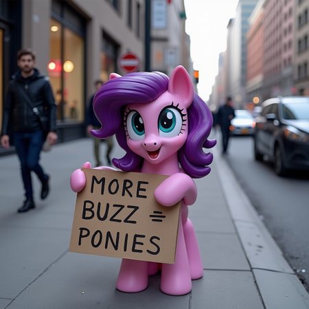 realistic photo of fluttershy mouth open, homeless, , innocent looking, Twilight Sparkle  holding a sign with "MORE BUZZ =  PONIES " written, standing on the sidewalk of a busy city street