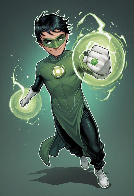 masterpiece, absurdres, high quality, perfect anatomy, 1boy, solo, cute boy, male focus, TaiPham, Black Hair, Green Lantern Ring, Green Lantern Costume, Green and Black Bodysuit, Green Domino Mask, White Eyes, White Gloves, Pelvic Curtain, Black Pants, White Shoes, Glowing Green Outline, Green Energy Aura, floating, levitating, big smile, cinematic, intricately detailed illustration, depth of field, masterpiece, best quality, amazing quality, very aesthetic, absurdres, newest, very awa,  shadow, dynamic angle, casual cosplay, dynamic pose, simple background, green theme, Arwe, Dynamism, Foreshortening
