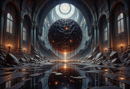Digital illustration of massive spherical chamber with writhing spherical mass of nerves at center, reflective surfaces showing parallel realities, dark fantasy, dark psychedelic, OBxiaoxiang, R3alisticF, G0thicL1nes