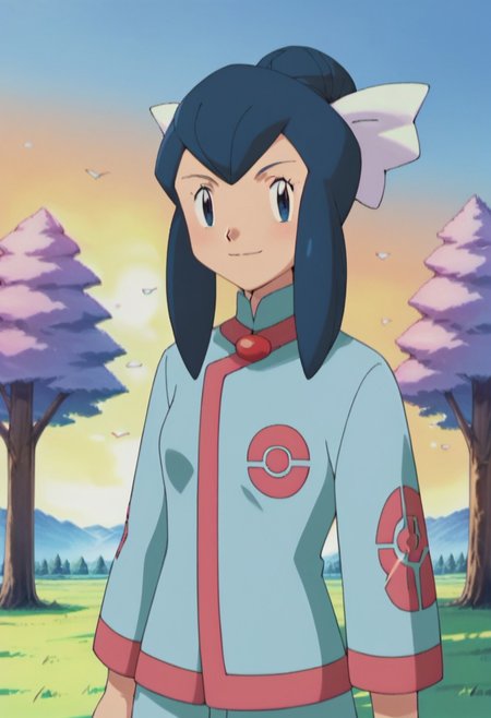 score_9,score_8_up,score_7_up,score_6_up, easynegative, negative_hand, source_anime
trees, standing, happy smile, outdoors, 1girl, solo, grass, outdoors, nature, cowboy shot, upper body, looking at viewer
pkmnlizahoenn, 1girl, blue hair, hair bun, single hair bun, long hair, sidelocks, blue eyes, eyelashes
white hair ribbon, long sleeves, sky blue shirt