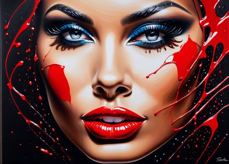 (acrylic painting:1.1), ((Lips with lipstick of flowing red color)), ((red color drips from the lips)), flowing, dripping, tempting shot, light skin, black background, highly detailed, glamour, (only uses 256 different shades in total), (brush strokes:0.6), high contrast, (paint drips:0.5), stark, (dripping paint0.5), (splatters:0.5), (dramatic:0.4), (photorealistic:0.2), extreme closeup of the lips,
 <lora:MS_AcrylicArt_V1_SDXL:0.8> acrylic_painting, painting, brush strokes, paint drops, paint splatter
