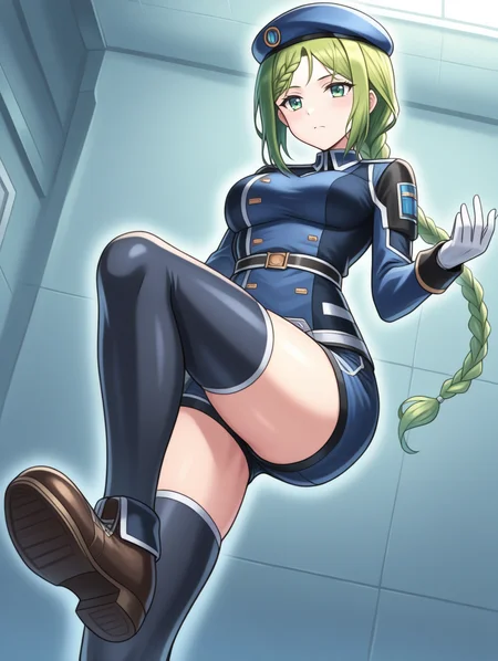 perfect quality,best quality,absolutely eye-catching,ambient occlusion,raytracing BREAK
1girl,<lora:annnu rennpou IL v1.1:0.8>,rennpou,green eyes,green hair,(single braid ponytail:1.2),beret,military uniform,long sleeves,shorts,thighhighs,shoes,, from below,bust,on_back,beckoning,v_arms,knee_up,