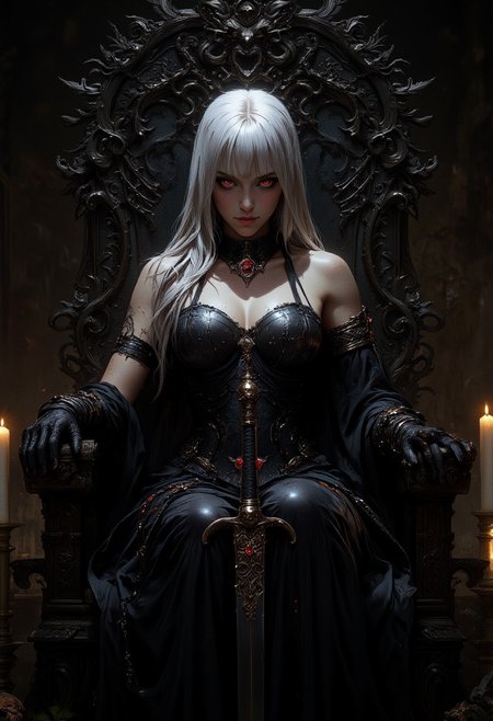 Image is a digital fantasy artwork featuring a gothic, medieval style. The layout centers on a woman seated on an ornate, dark throne with intricate carvings. She has long, flowing white hair and pale skin, with striking red eyes that stand out against her complexion. Her attire is a black, intricately designed corset with metallic accents, adorned with red gemstones that match the pendant around her neck. Her expression is intense and commanding. The background is dimly lit, with glowing candles adding a warm, ambient light. The overall atmosphere is mysterious and dark, enhanced by the presence of a large, decorative sword held upright in her hand. The setting suggests a regal, yet ominous environment, with a focus on the character's powerful and enigmatic presence. S1n0z1ck style, mythp0rt, samurai