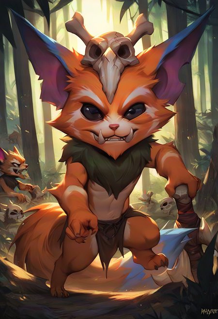 score_9, score_8_up, score_7_up, score_6_up, gn4r, 1boy, yordle, fangs, teeth, skull, skull on head, orange fur, black eyes, tail, holding weapon, bone, full body, forest, 
<lora:Manwha_Anime_Style:1>, manhwastyle, <lora:Gnar_Default_v1:0.7>, solo