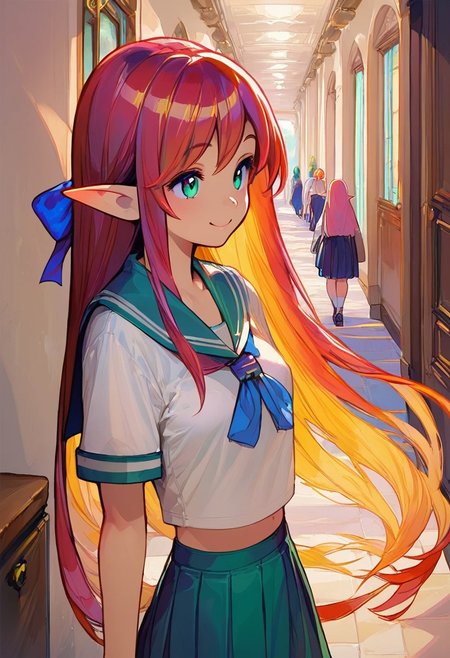 ((masterpiece,best quality)), absurdres, BREAK, score_9, score_8_up, score_7_up, score_6_up, 8k, hires,1girl, beautiful girl, kawaii girl, cute face, pose, high contrast, dramatic shadows, highly detailed, detailed skin, depth of field, shadows, hair bangs, very long hair, red hair, twin tails, blue ribbons, small breasts, young, petite, elf, smiling, sailor uniform, aqua eyes, green school uniform, hallway, school, <lora:add-detail-xl:3>