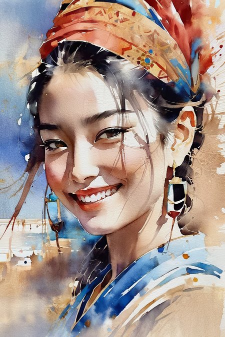 girl,happy smile,by sandra chevrier,high detailed,watercolor,<lora:JG_art_sdxl:0.7>,dunhuang,watercolor paper texture,thomas schaller style,Watercolor style,<lora:Watercolor _sdxl-000001:1.8>, Watercolor style,