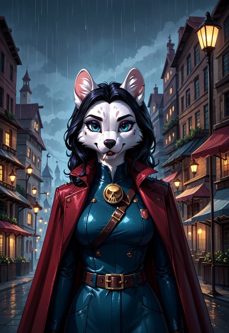 safe_pos, safe_pos, safe_pos, score_9, score_8_up, score_7_up, score_6_up, photorealistic, epiCPhotoGasm-colorfulPhoto, Realistic, highres, super high resolution, 8k, photo,  furry, anthro, female, 
In a rain-soaked city, a lone detective steps into the glow of a flickering streetlamp, her trench coat trailing behind her like a cloak of shadows. Her jet-black hair falls in sharp waves, framing her face, where a hint of crimson lipstick contrasts starkly against her pale complexion. Her dark, tailored suit is accented with subtle gothic flourishes—a lace cravat and silver skull cufflinks. In her gloved hand, she holds a cigarette, its faint ember glowing in the misty night, while the other grips a sleek revolver engraved with cryptic symbols. Her sharp, calculating gaze misses no detail as she stalks the rain-slicked streets, following clues that lead to secrets no one else dares uncover. A faint chill seems to follow her, as if the shadows themselves are her allies.furry, anthro